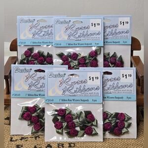 NWT Darice 1" Ribbon Roses Burgundy & Green Set of 6 Packs 48 count